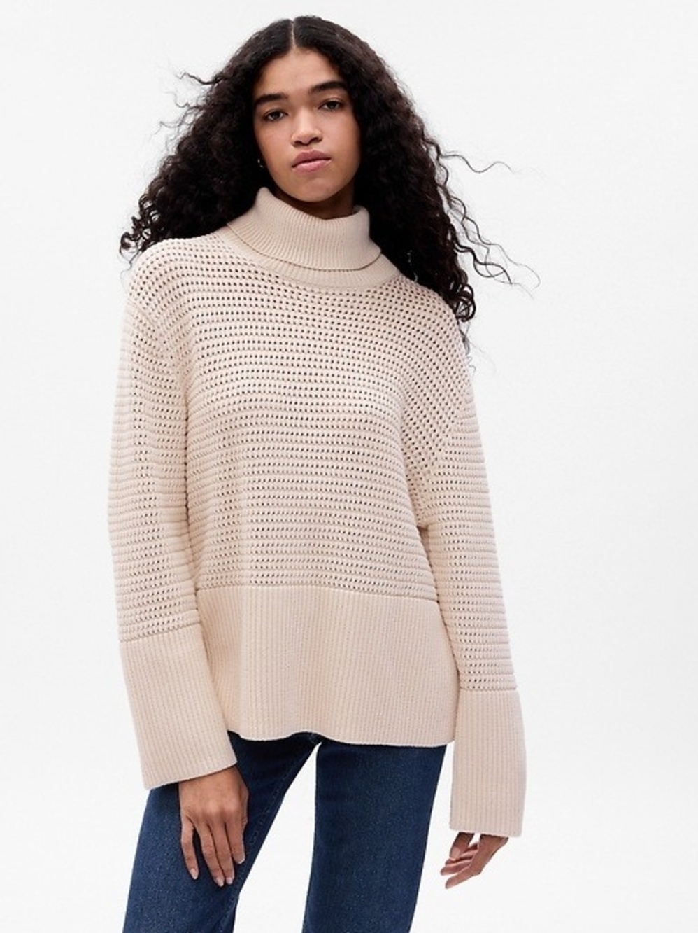 GAP | 24/7 Split-Hem Crochet Sweater - Open Weave Chino Beige